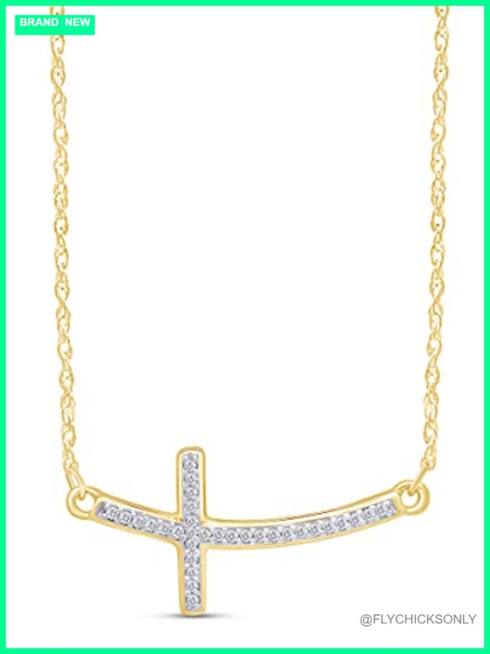 14k Yellow Gold Over Sterling Silver Sideways Cross Diamond Pendant Necklace